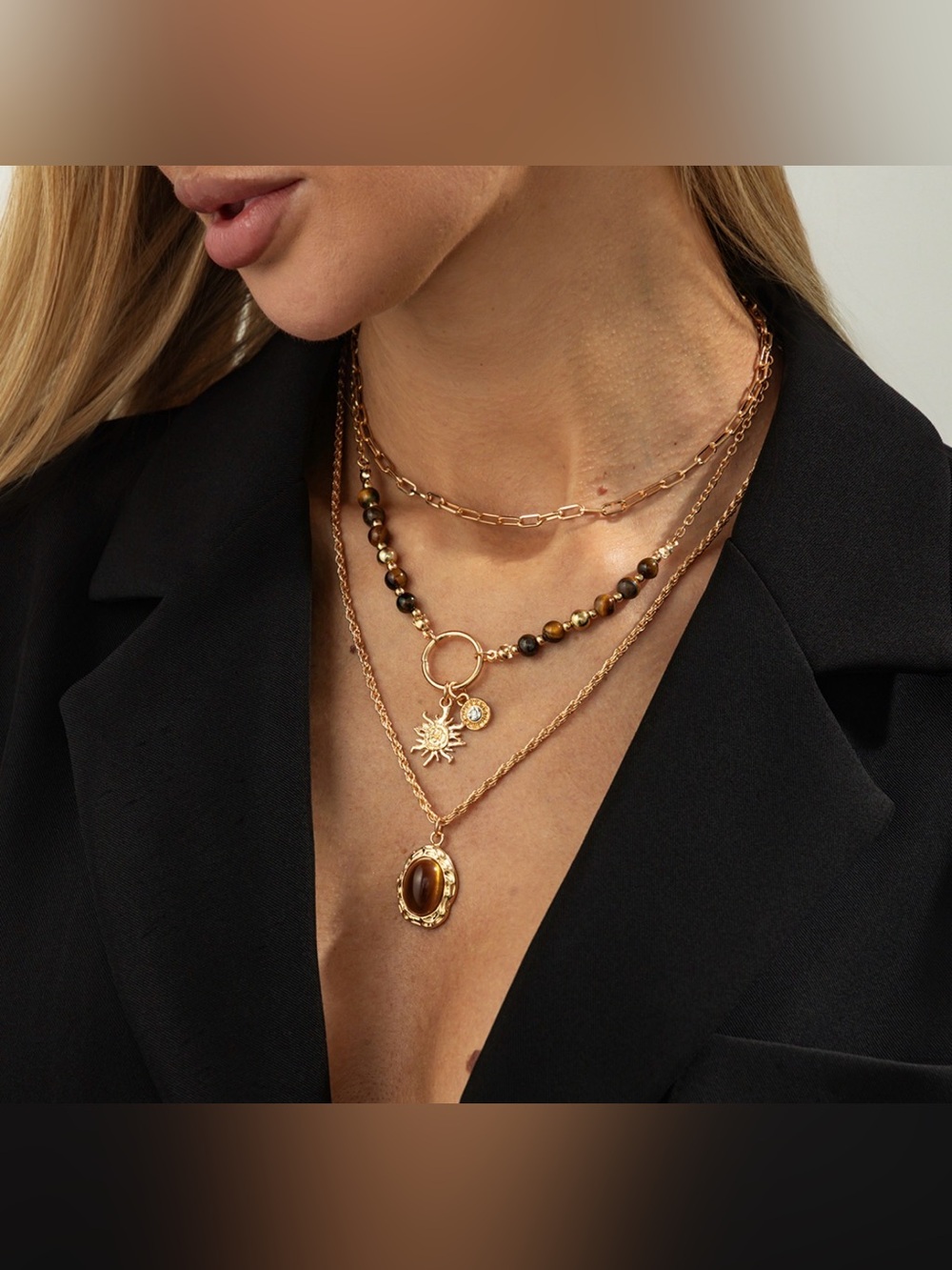Gold Layered 3-Piece Necklace Set | Tiger Eye Pendant & Sun Charm